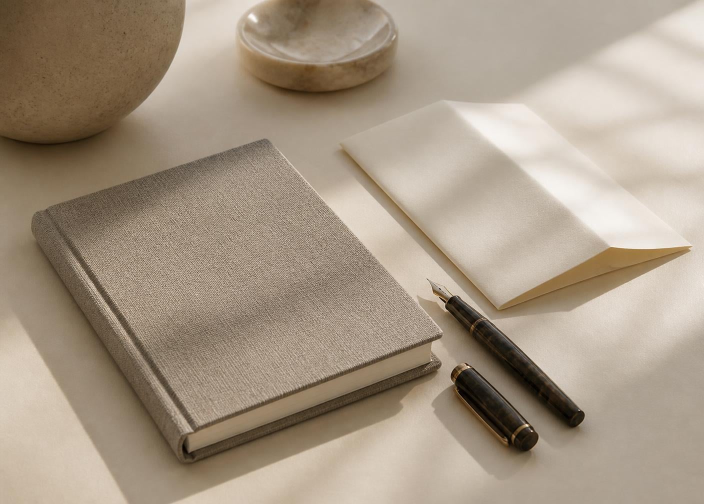 Dettaglio di una scrivania con quaderno e penna, luce naturale